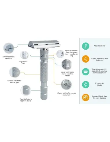 Ρυθμιζόμενη Ξυριστική Μηχανή Ασφαλείας Πεταλούδα Rockwell Razors Model T2 White Chrome 12025 Rockwell Razors