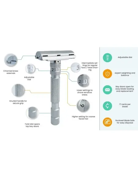 Ρυθμιζόμενη Ξυριστική Μηχανή Ασφαλείας Πεταλούδα Rockwell Razors Model T2 White Chrome 12025 Rockwell Razors