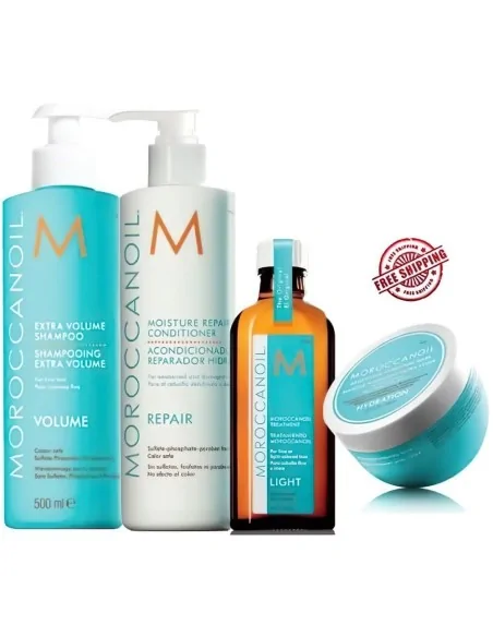 Moroccanoil Pack 7 Extra Volume Shampoo 1000ml & Conditioner Repair 1000ml & Weightless Ηydrating Μask 250ml & Oil Light 100m...