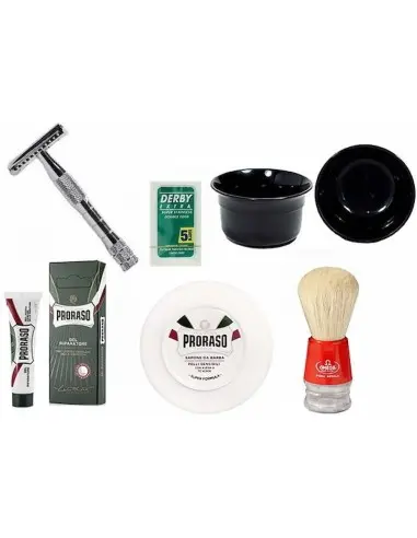 Starter Shaving Pack Proraso Shaving Soap Sensitive & Omega Brush & Omega Bowl & Yaqi Safety Razor & Derby Extra Blades 3976 ...